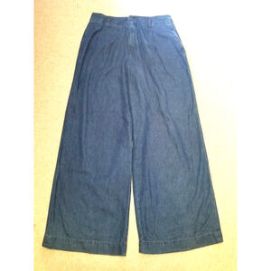 Womens Jeans-UNIQLO-medium wash blue 100% cotton chambray high rise wide leg-12